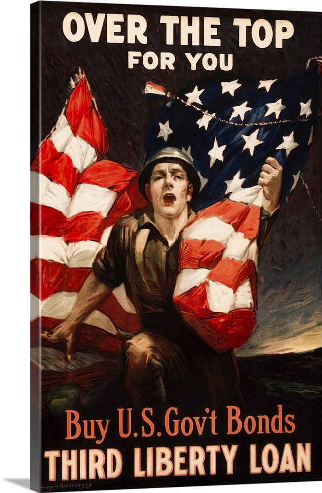 20th century U.S. military print of a U.S. soldier clutching an American flag, the caption on top reading 'Over the Top fo...