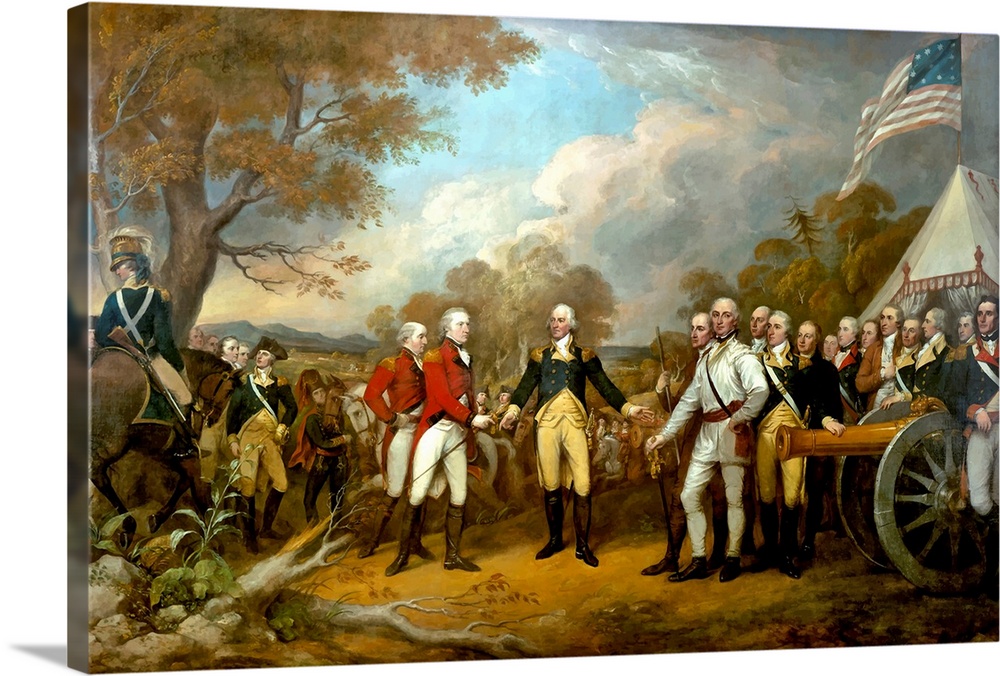 Giant, horizontal painting of a landscape scene during the Revolutionary War showing the surrender of British General John...