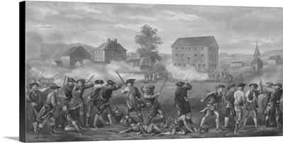 Revolutionary War print of American minutemen being fired upon by British troops