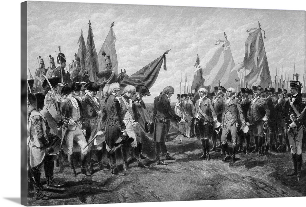 Revolutionary War print showing the surrender of British troops.