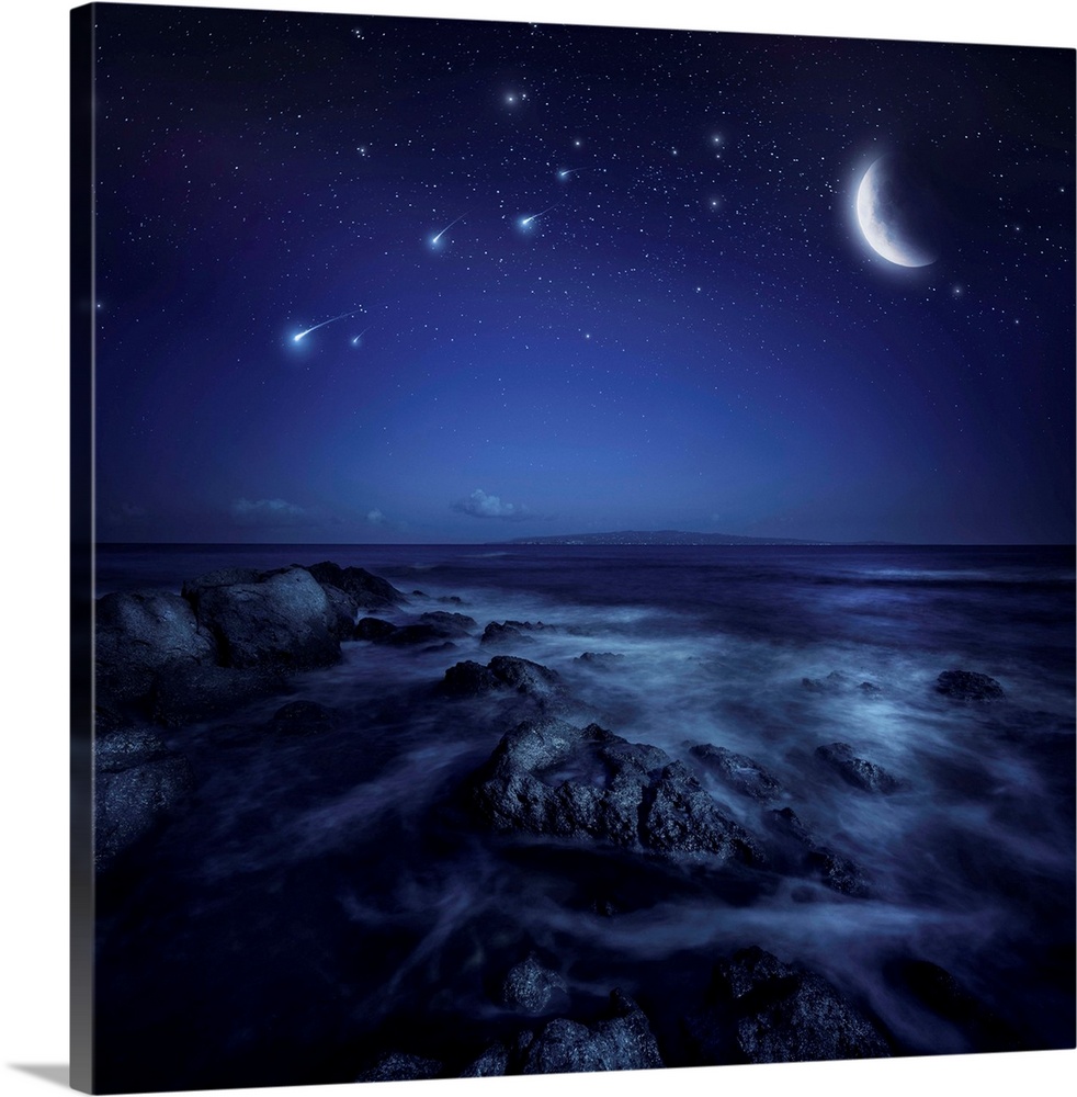 Rising Moon Over Ocean And Boulders Against Starry Sky Wall Art Canvas Prints Framed Prints Wall Peels Great Big Canvas