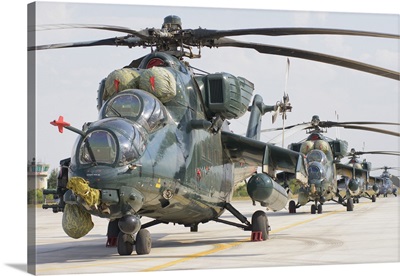 Row of Azerbaijan Air Force Mi-35 helicopters during Exercise Isik 2016, Konya, Turkey.