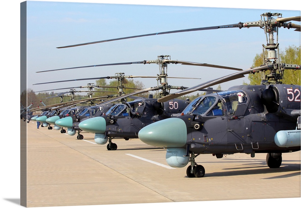 Row of Ka-52 Alligator attack helicopters of the Russian Air Force.