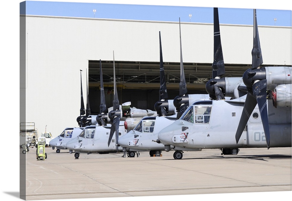Row of U.S. Marine Corps MV-22B Osprey aircraft at MCAS Miramar.