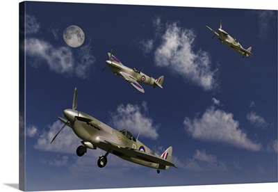 Royal Air Force Supermarine Spitfires taking off as they into combat.