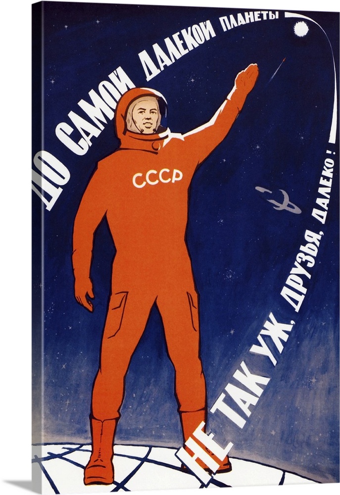 Russian propaganda poster of a cosmonaut pointing to the sky.