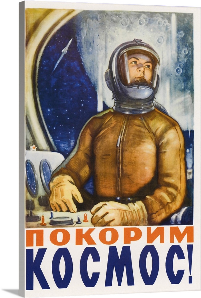 Russian space propaganda poster of a cosmonaut in a space capsule.