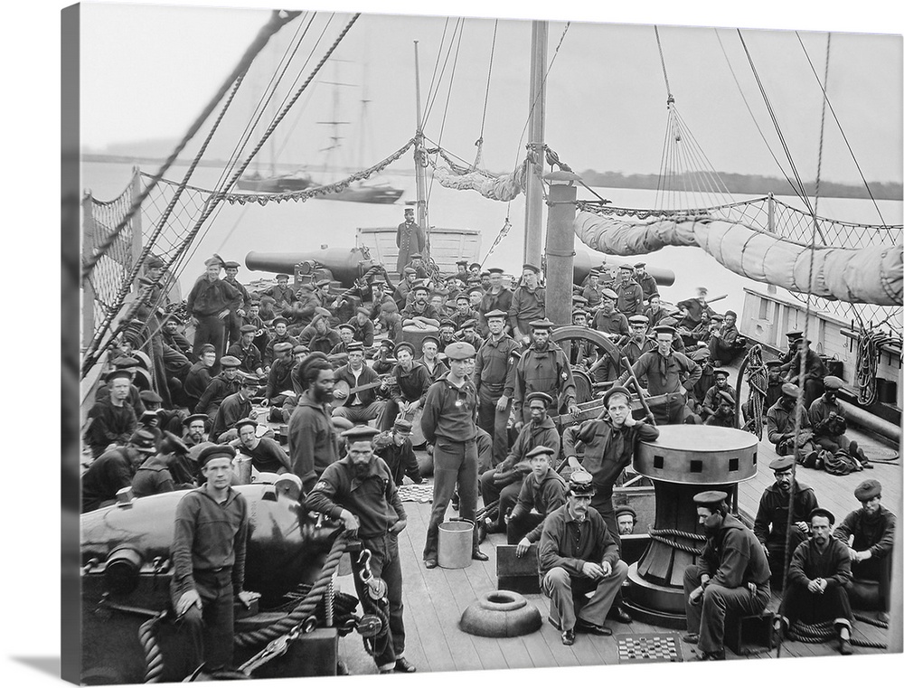 Sailors on deck of USS Mendota gun boat during American Civil War.