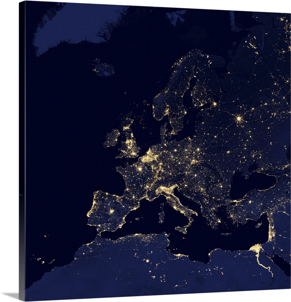 Satellite view of city lights in several major European and Nordic cities, including Stockholm Sweden; Osly, Norway; Helsi...