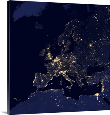 Satellite view of city lights in several European and Nordic cities