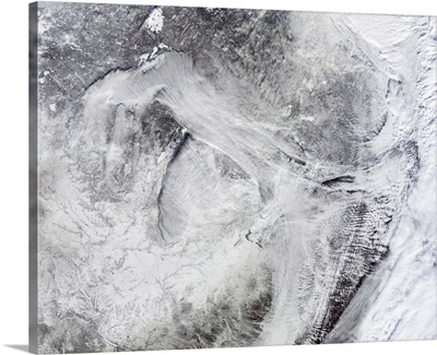 Satellite view of fog forming over the Great Lakes