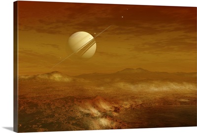 Saturn above the thick atmosphere of its moon Titan