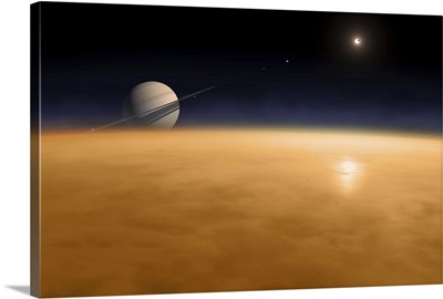 Saturn above the thick atmosphere of its moon Titan
