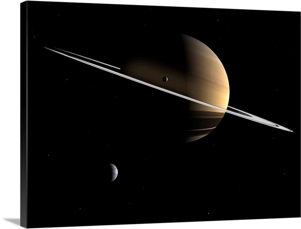Artist's concept of Saturn and its moons Dione and Tethys.