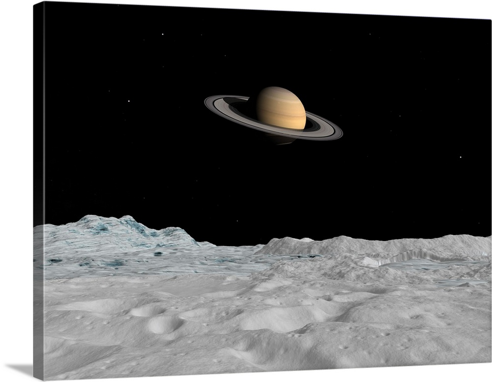 Artist's concept of Saturn as seen from the surface of its moon Iapetus.
