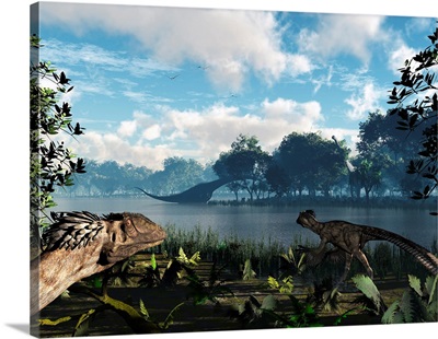 Sauroposeidon graze while feathered Deinonychus look on