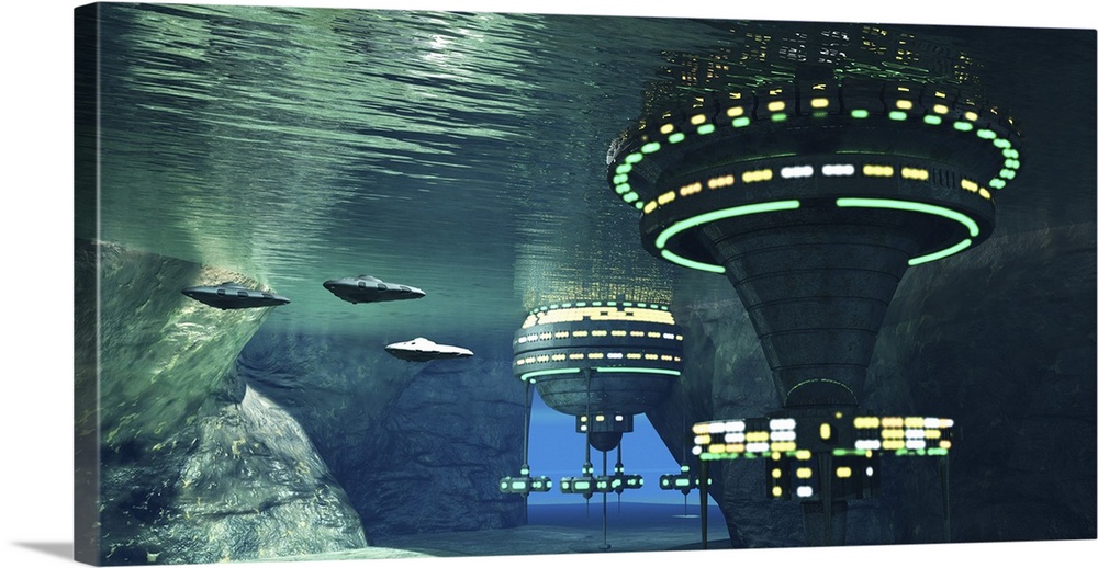 Several spaceships leave an underwater alien city.