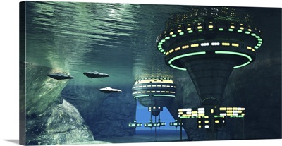 Several Spaceships Leave An Underwater Alien City