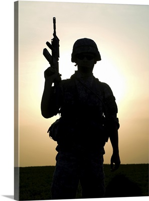 Silhouette Of U.S. Soldier With Rifle Against A Sunset