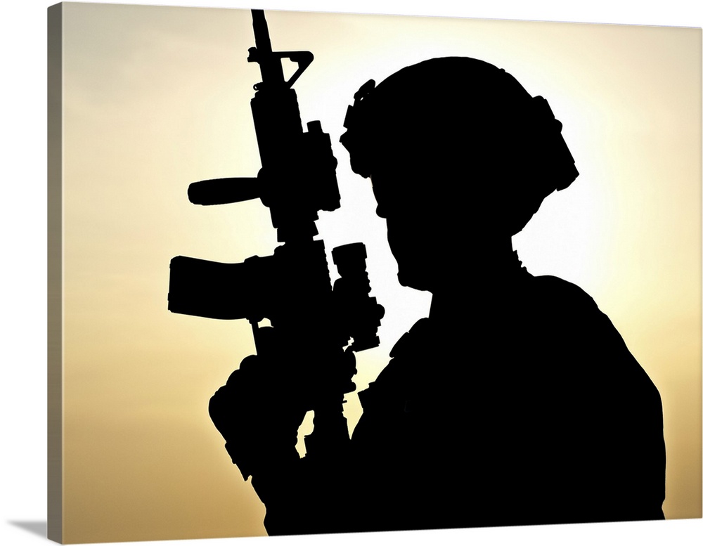 Silhouette of young soldier against the sun.