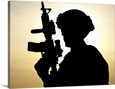 Silhouette Of Young Soldier Against The Sun