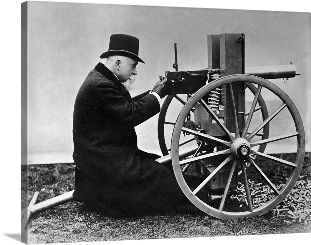 Sir Hiram Stevens Maxim firing his Maxim gun, 1884.