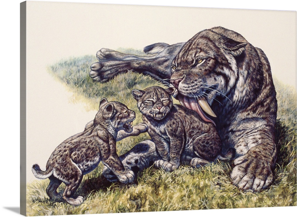 Smilodon sabertooth mother and her cubs, Pleistocene Epoch (Ice Age) of North America.