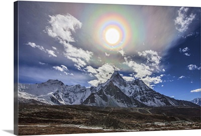 Solar corona above the Ama Dablam mountain in the Himalaya range of easten Nepal