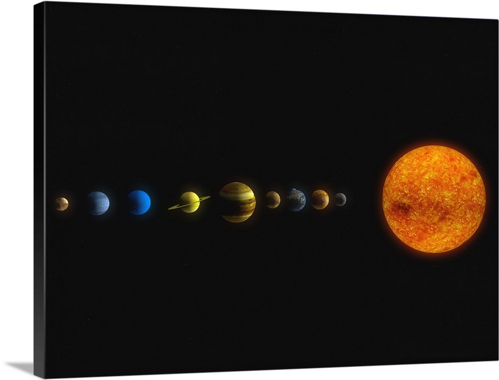 Large photo on canvas of the planets in a line to the left of the sun.