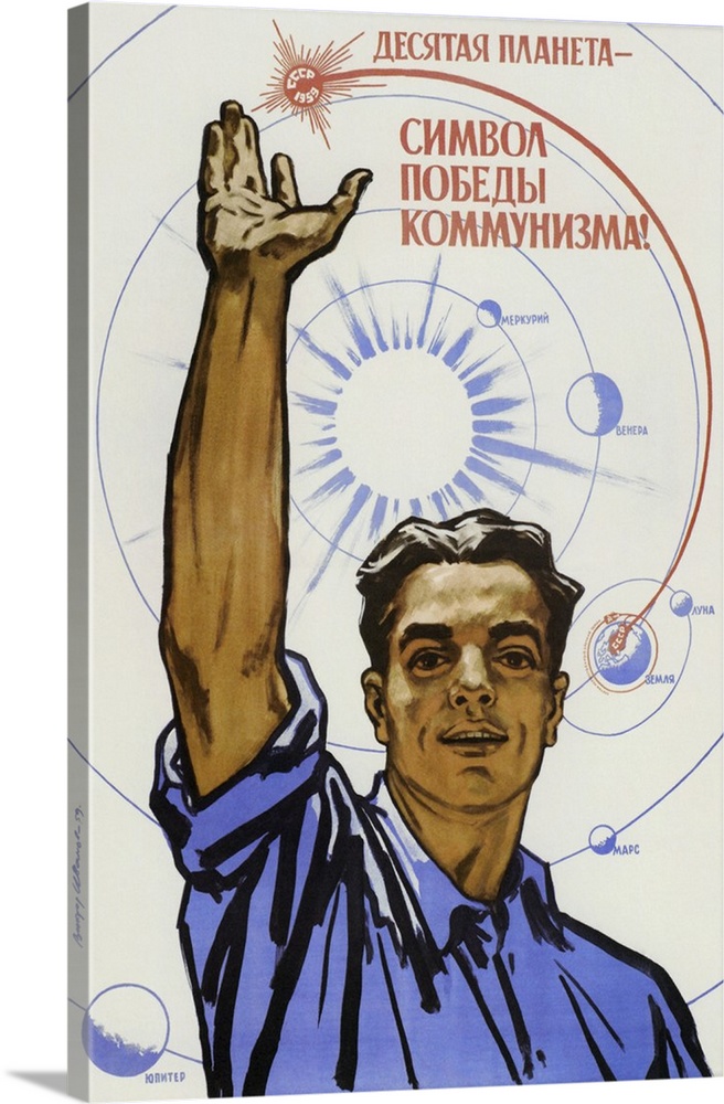 Soviet space poster of a civilian raising his hand in the air, with a map of the solar system in background.