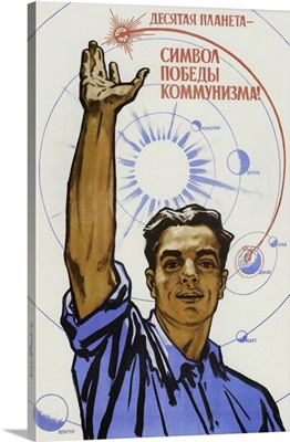 Soviet space poster of civilian raising his hand in the air