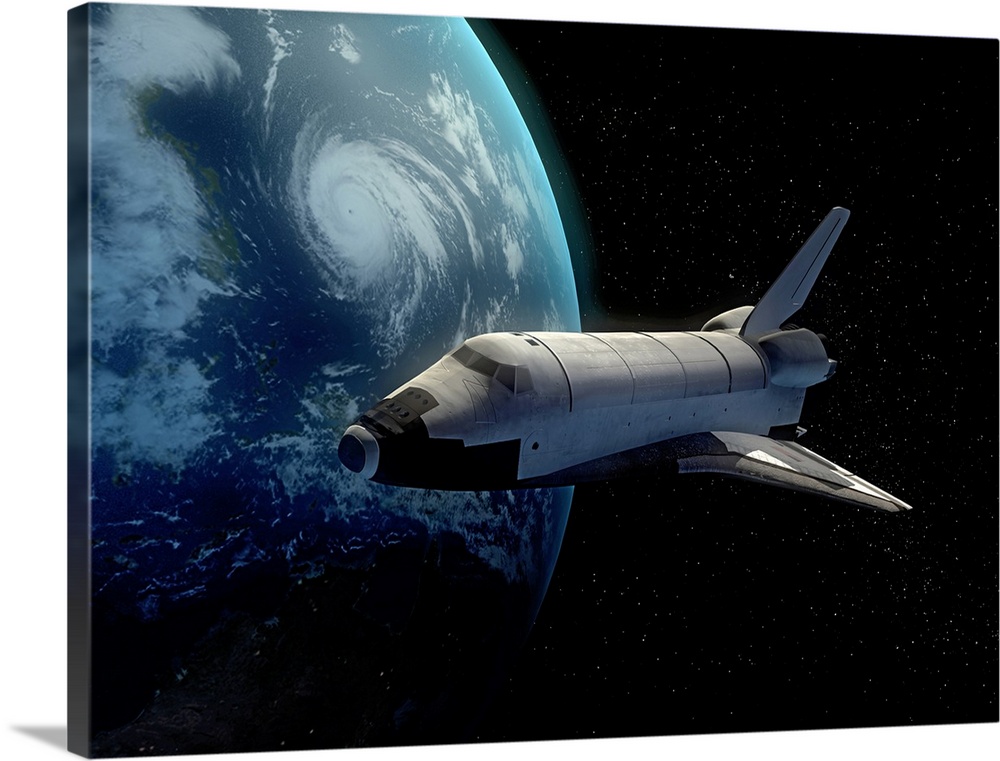 A shuttle glides through space with part of earth shown to the left and behind it.