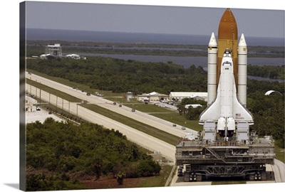 Space Shuttle Discovery resting on the Mobile Launcher Platform