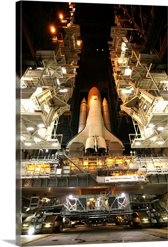 Space Shuttle Endeavour inside the Vehicle Assembly Building at Kennedy Space Center