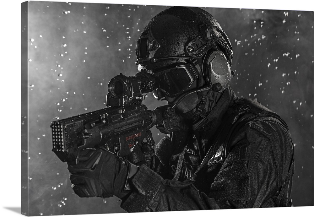 Spec ops police officer SWAT in the rain.