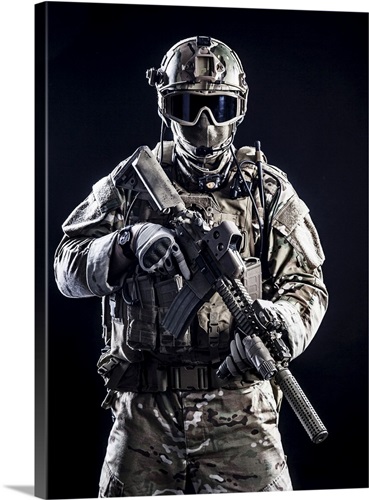 Special Forces Soldier With Rifle On Dark Background | Great Big Canvas