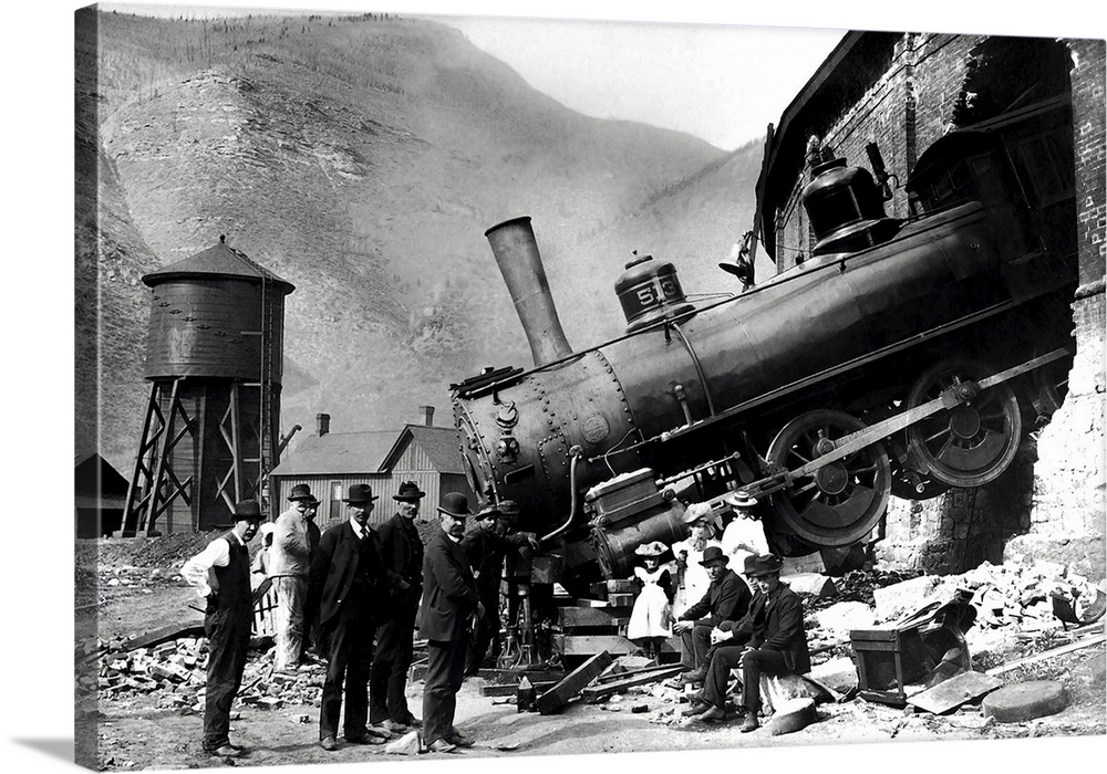 Spectators visiting a train wreck at the Minturn, Colorado roundhouse, 1913.