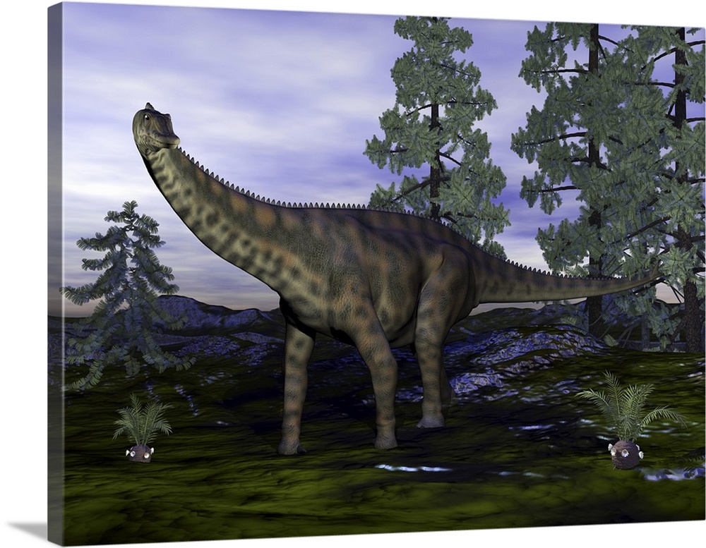Spinophorosaurus dinosaur next to Wollemia pine trees.