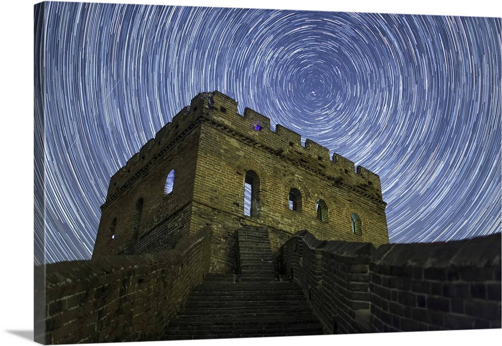 Star trails around the northern celestial pole at the Great Wall in Jinshanling region, Hebei, China.