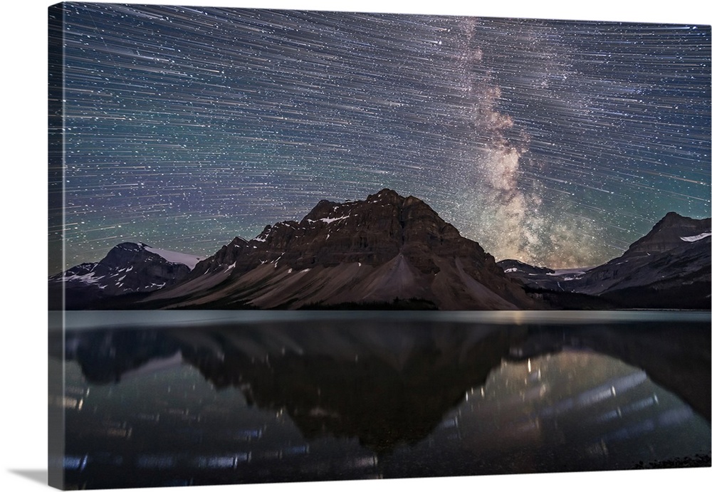 Star trails over Bow Lake in Banff National Park, Alberta, Canada.