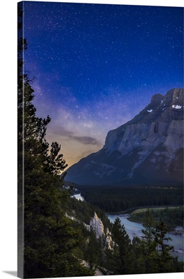 Stars And Milky Way In The Sky Above Mount Rundle, Banff Alberta, Canada