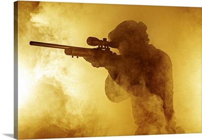 Studio Shot Of SWAT Police Operator With Sniper Rifle, Fire Smoke Screen Background