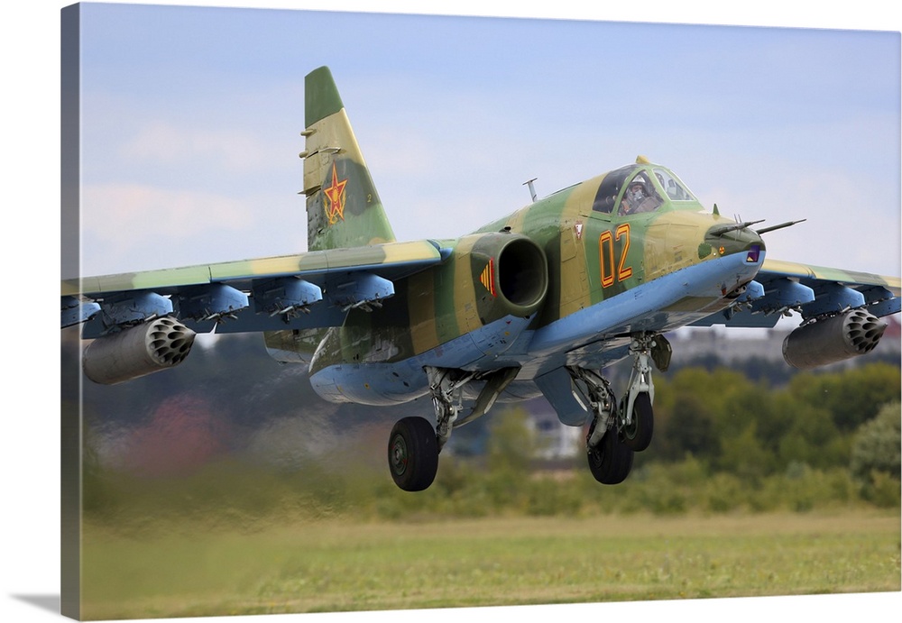 Sukhoi Su-25 attack airplane of Kazakhstan Air Force taking off during Aviadarts 2019 exercise in Russia.