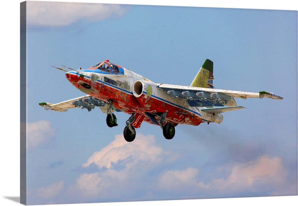 Su-25SM former Sky Hussars aerobatics team attack aircraft taking off.