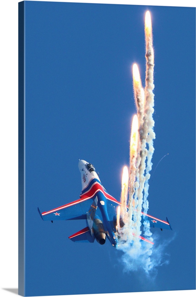 Su-27 jet fighter of Russian Air Force performing demonstration flight.