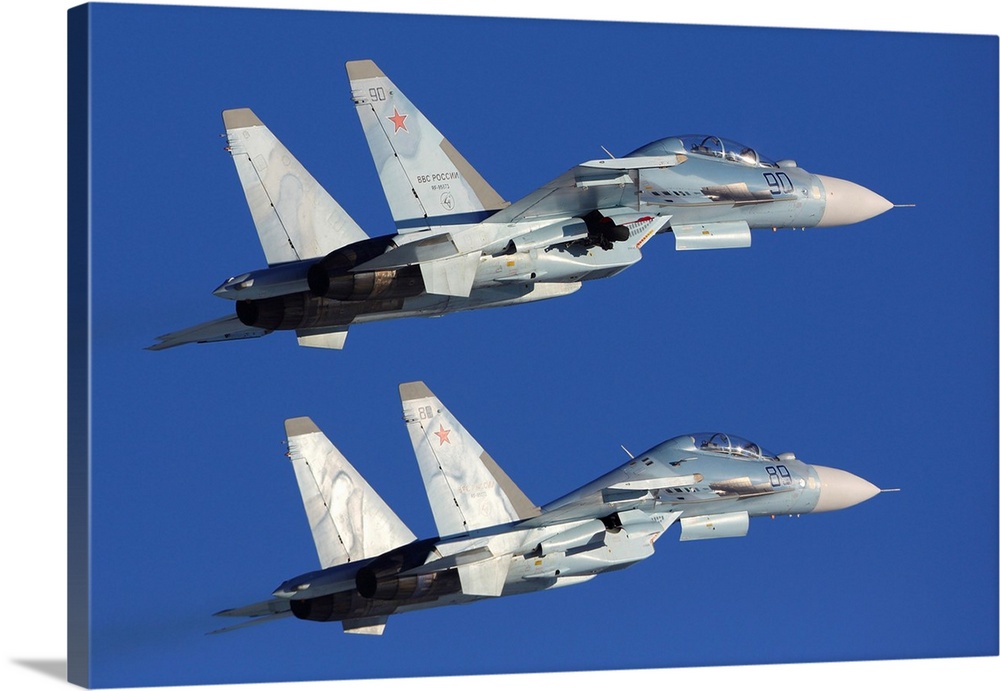 Su-30M2 jet fighters of Russian Air Force taking off, Zhukovsky, Russia.