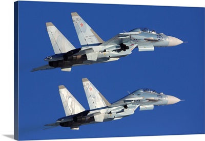 Su-30M2 Jet Fighters Of Russian Air Force Taking Off, Zhukovsky, Russia