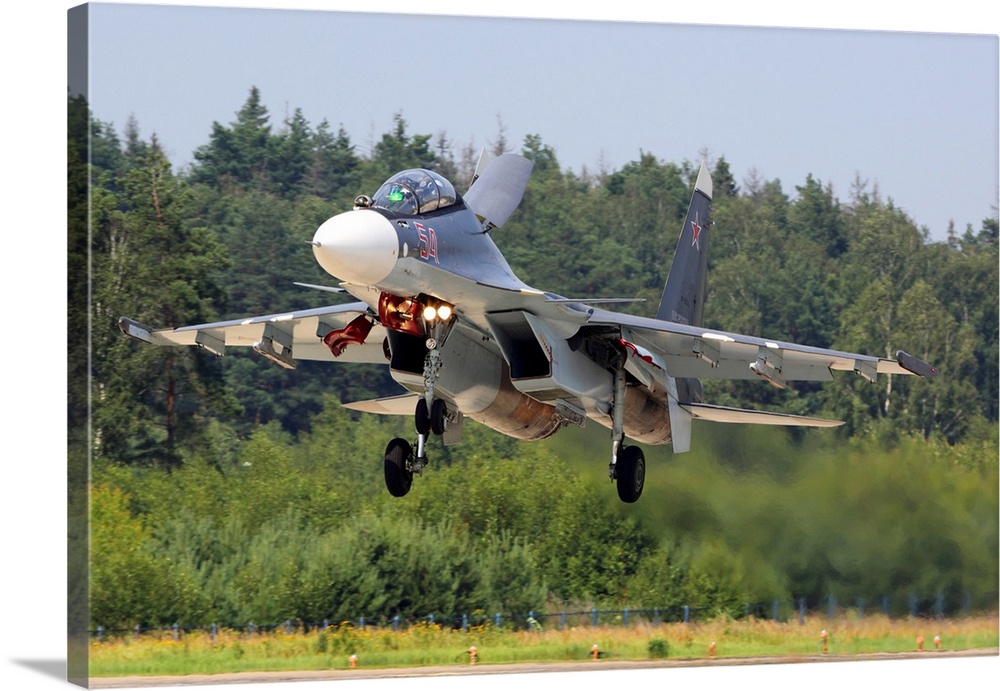 Su-30SM jet fighter of Russian Air Force landing, Kubinka, Russia.