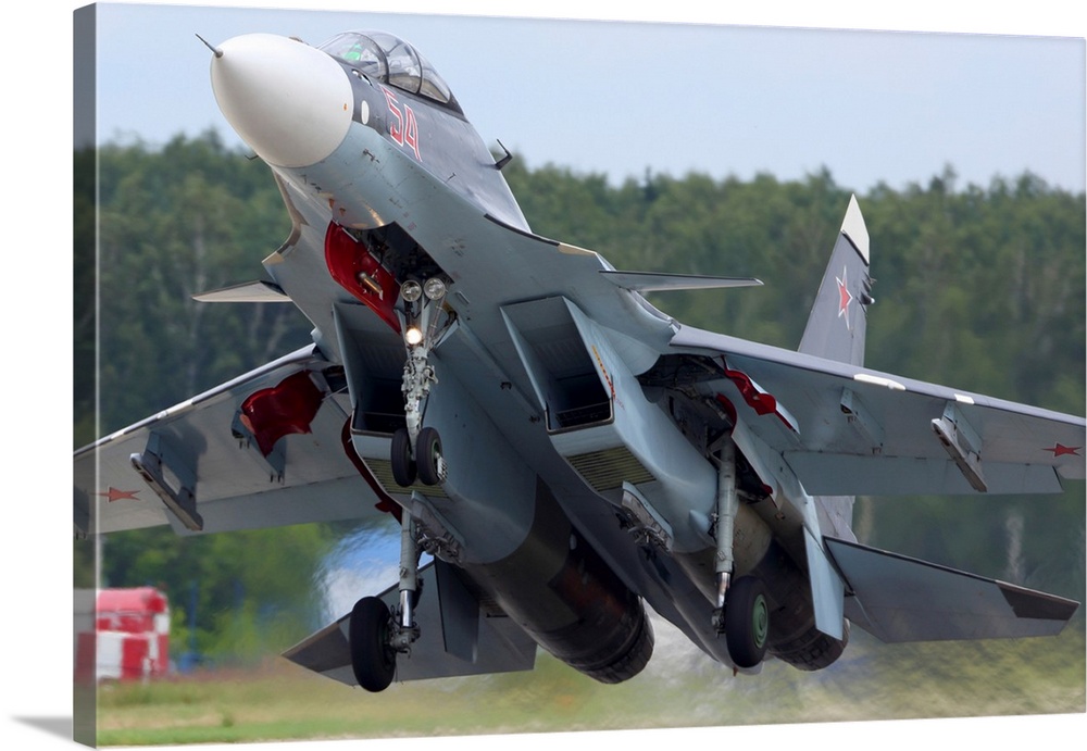 Su-30SM jet fighter of Russian Air Force taking off, Kubinka, Russia.