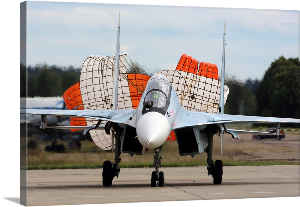 Su-30SM jet fighter of Russian Air Force taxiing after landing.